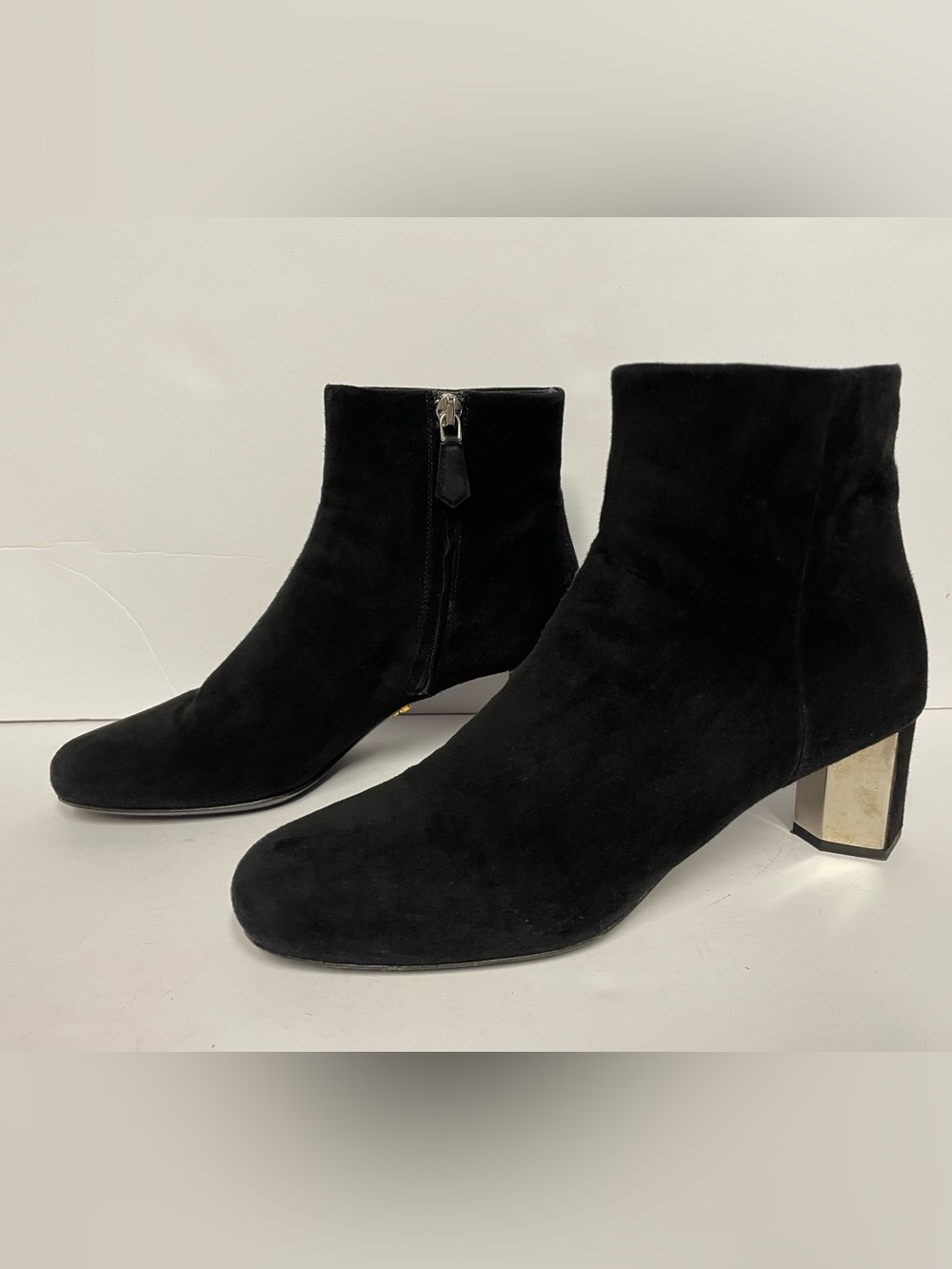 Prada Black Suede Ankle Boots Block Heel 37.5